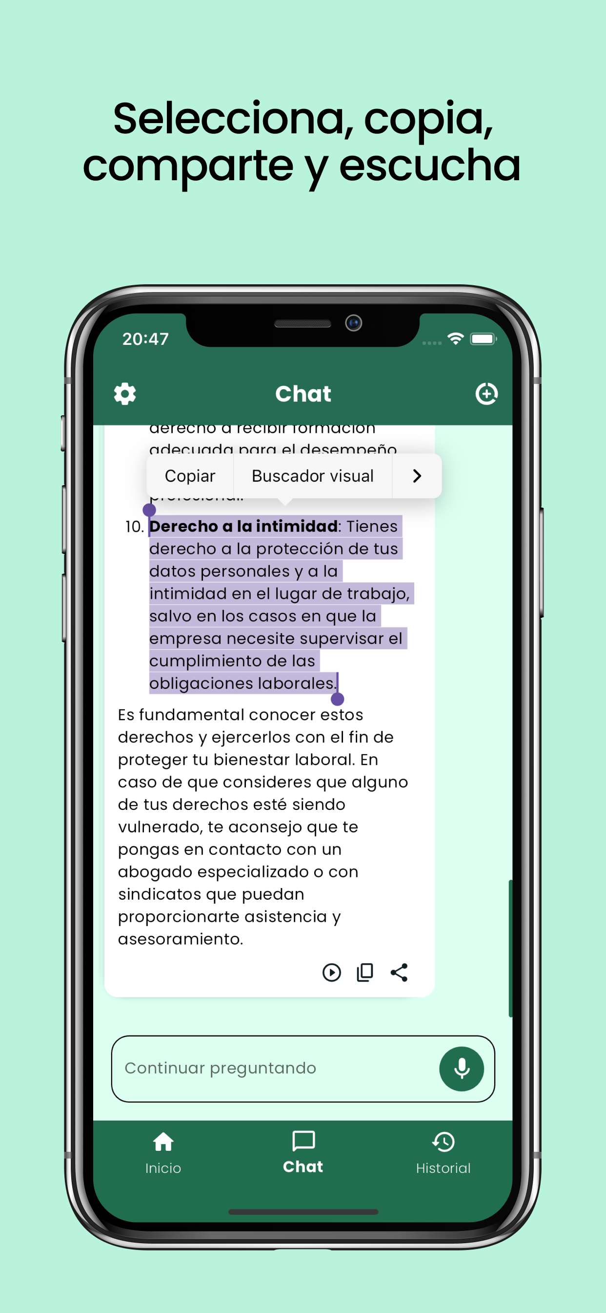 Selecciona, copia, comparte y escucha